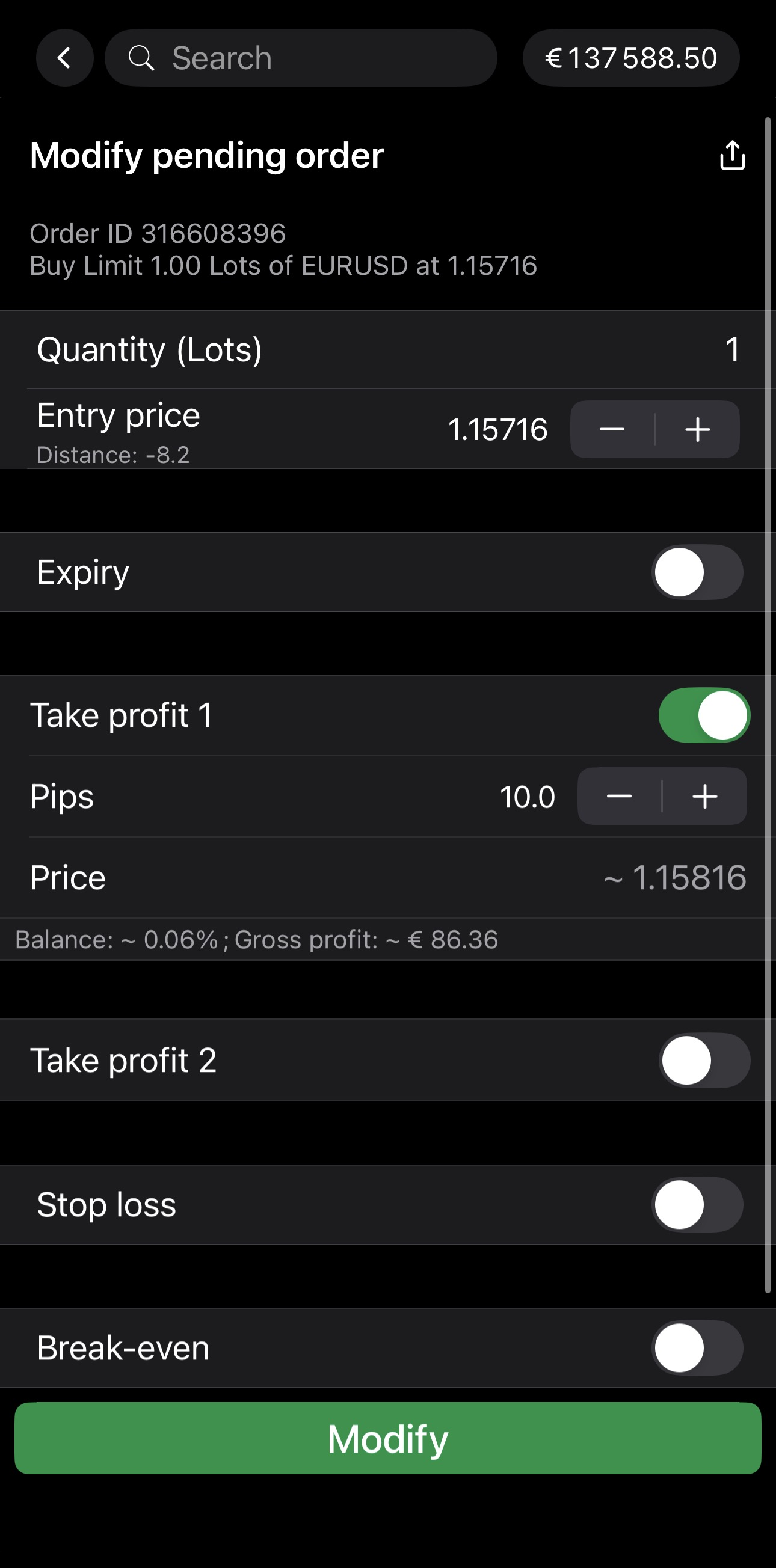 Changing protections on the Modify pending order screen in cTrader Mobile