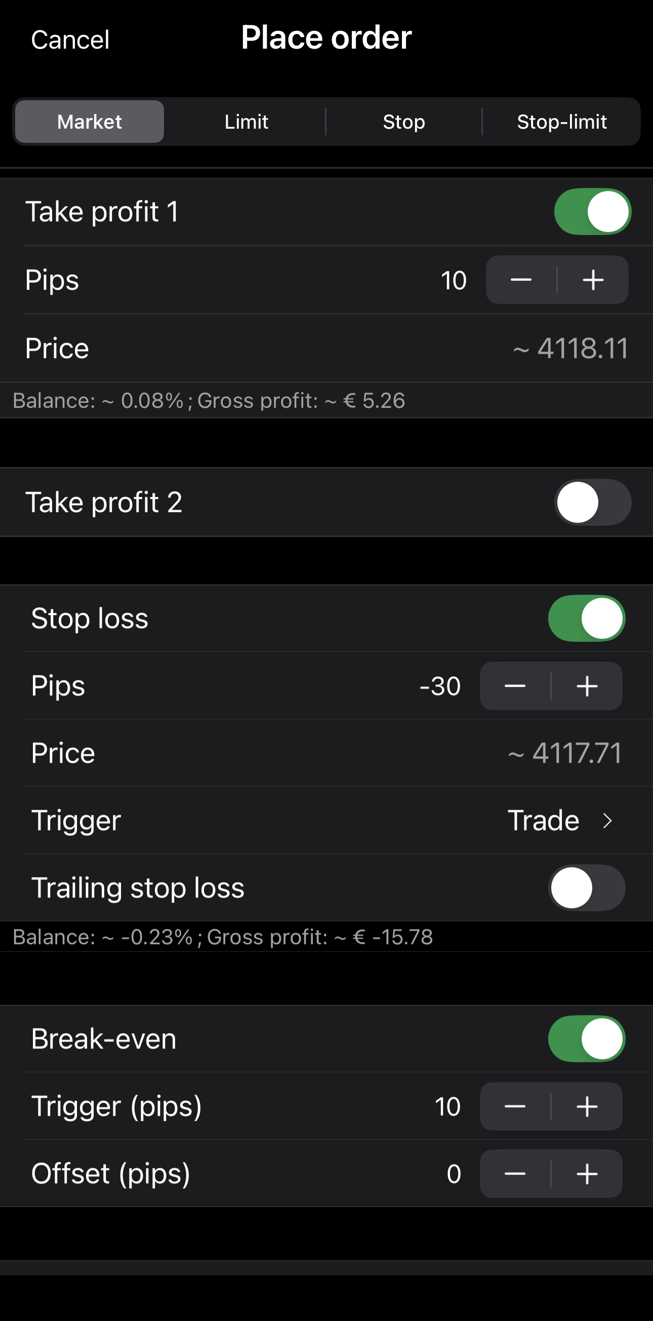 Setting protections on the Place order screen in cTrader Mobile