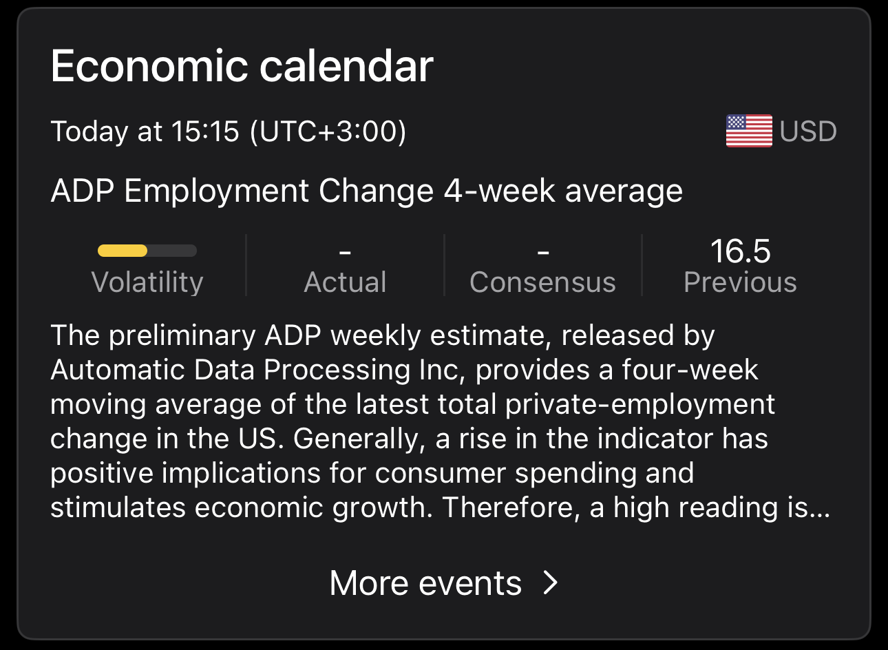 Economic calendar in cTrader Mobile symbol overview