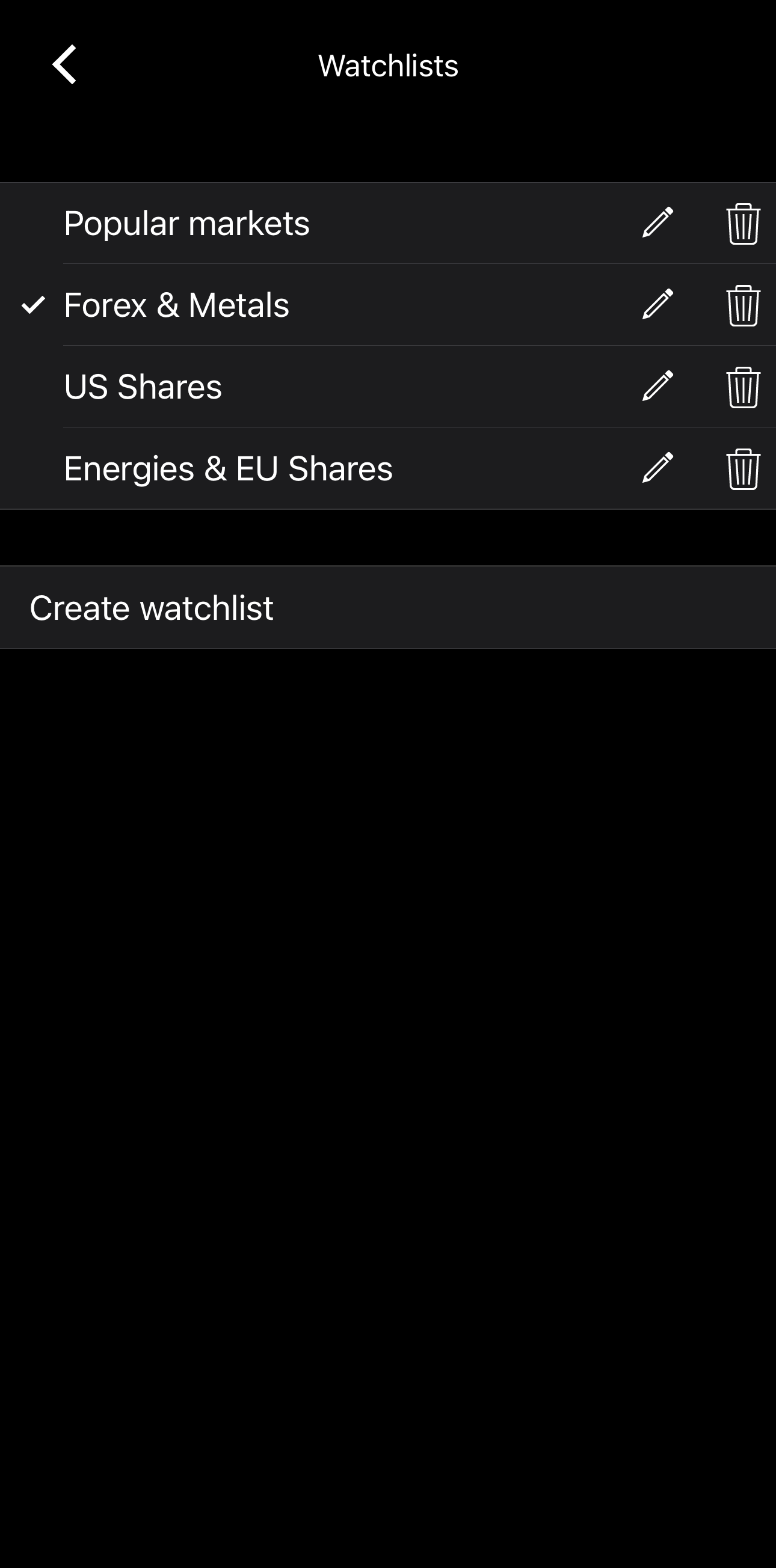 The Watchlists screen in cTrader Mobile