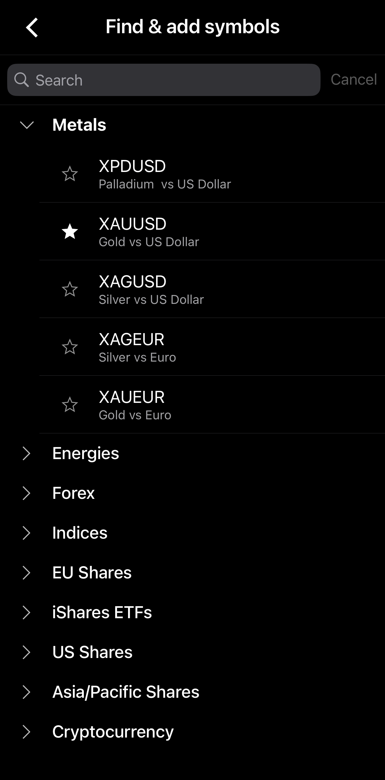 The Find & add symbols screen in cTrader Mobile